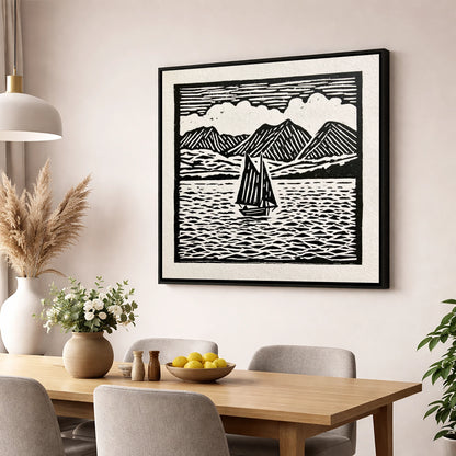 Monochrome Sailing Boat on Windermere lake district lake wall art displayed in a dining room