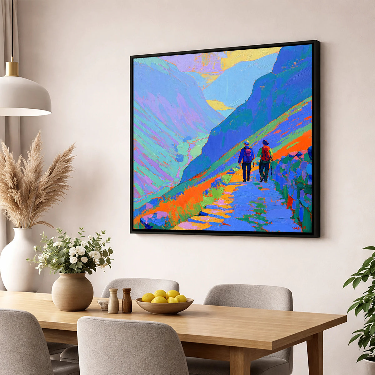Walkers on a Colourful Mountain Path lake district walking wall art displayed in a dining room