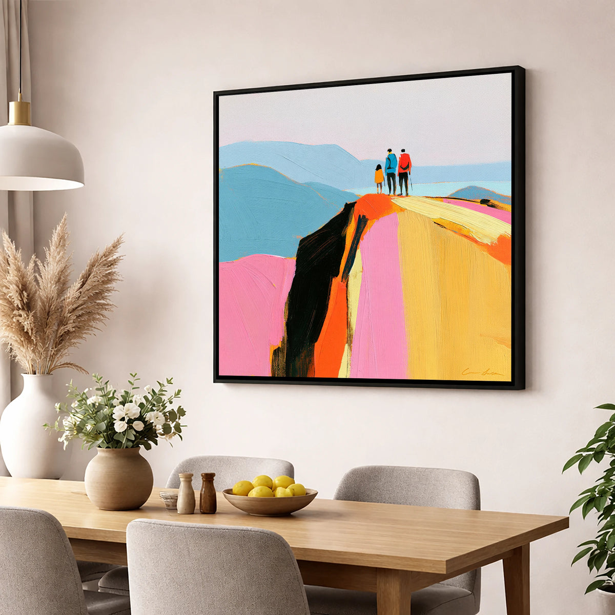 Colourful Fell Top Walkers lake district fell wall art displayed in a dining room
