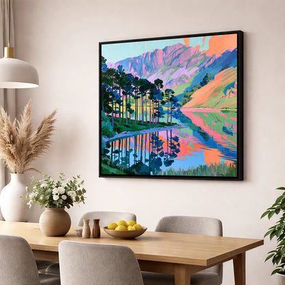 Vibrant Buttermere Scots Pines lake district lake wall art displayed in a dining room