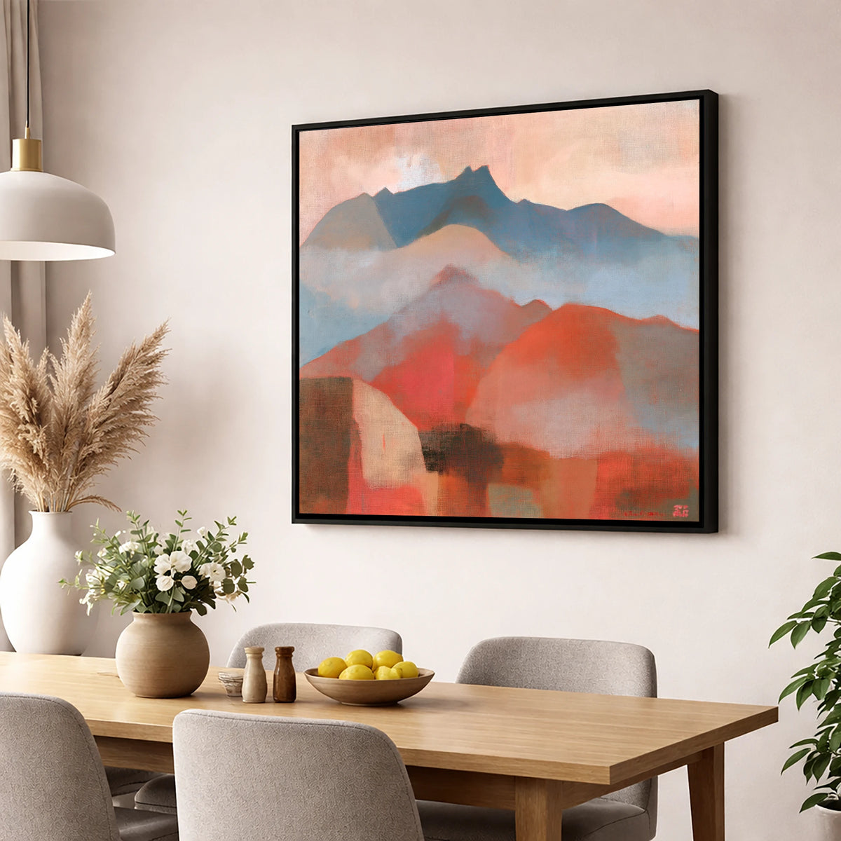 Terracotta and Slate Mountain Ridge lake district fell wall art displayed in a dining room