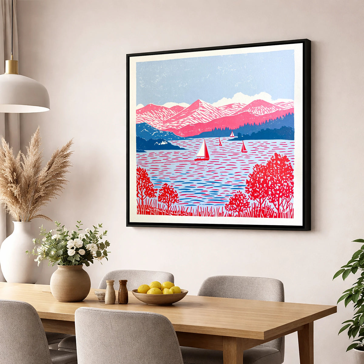 Pink Fells Over Coniston Water lake district lake wall art displayed in a dining room