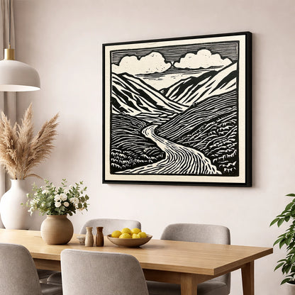 Monochrome Kirkstone Pass lake district valley wall art displayed in a dining room