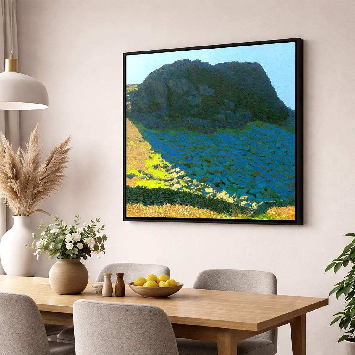 Buckbarrow Crags and Vivid Scree lake district fell wall art displayed in a dining room