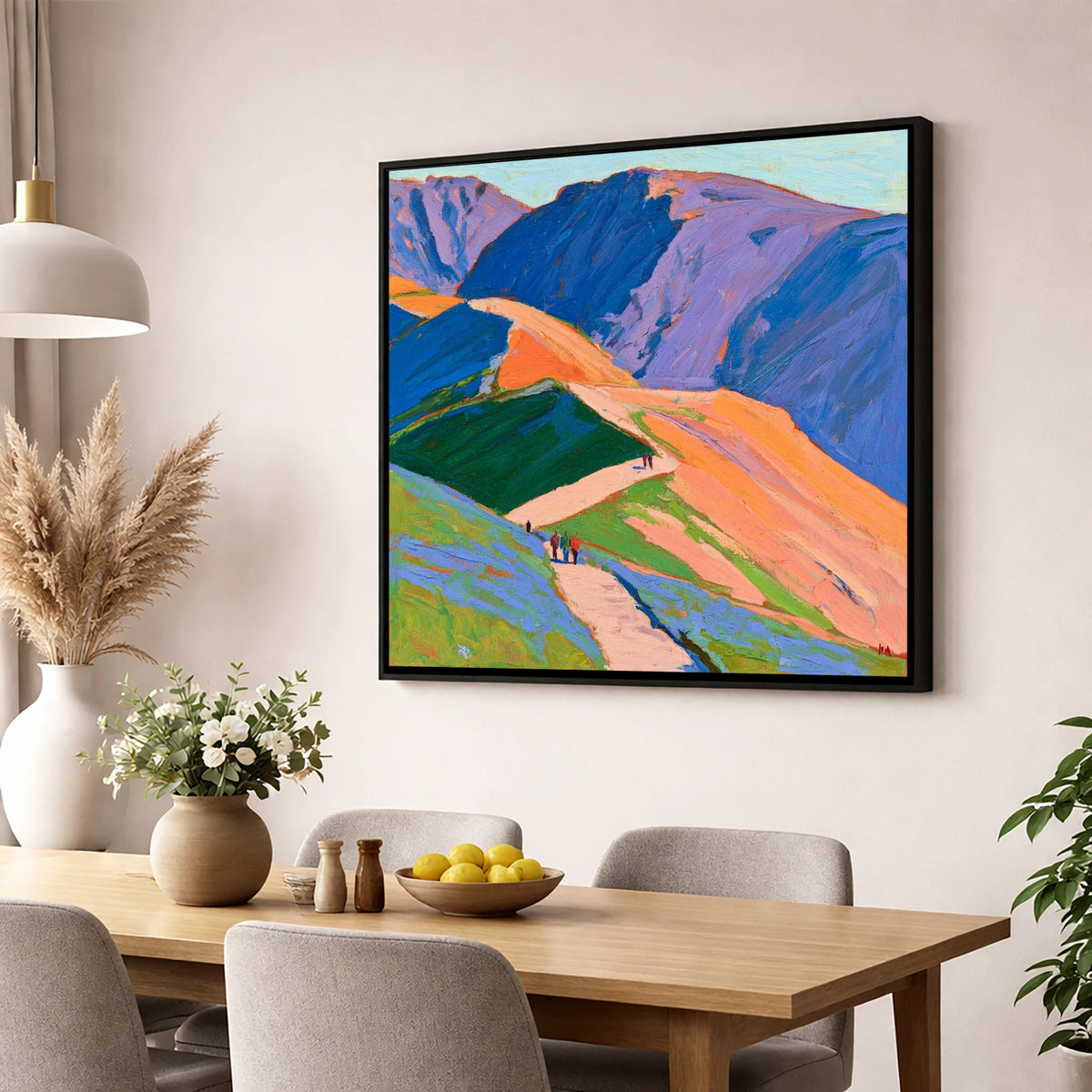Walkers on Vibrant Mountain Path lake district walking wall art displayed in a dining room