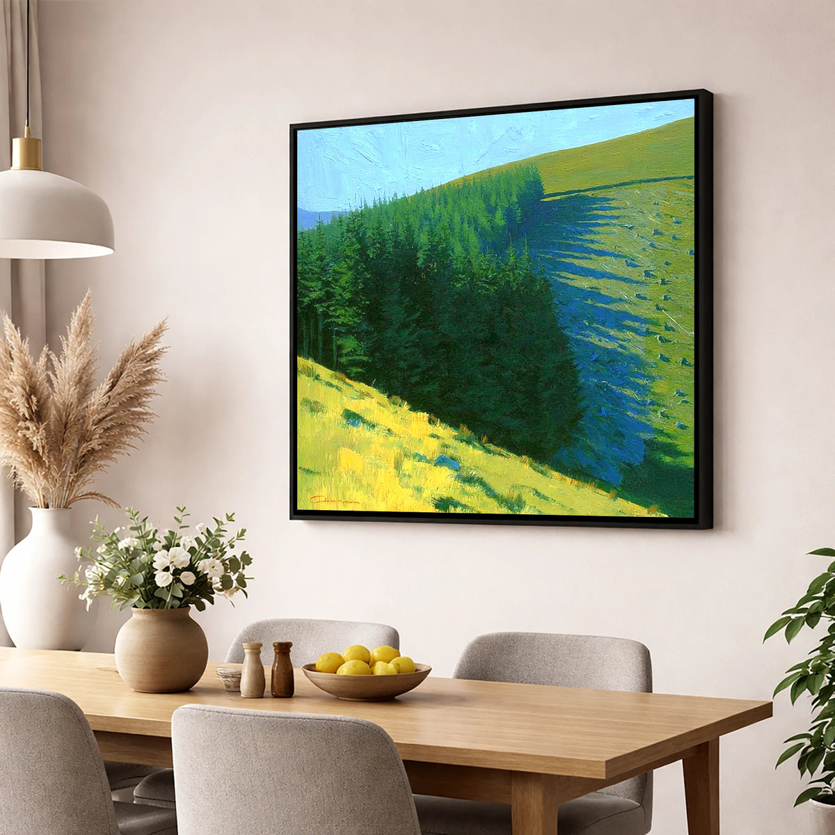 Conifer Shadows on Broom Fell lake district fell wall art displayed in a dining room