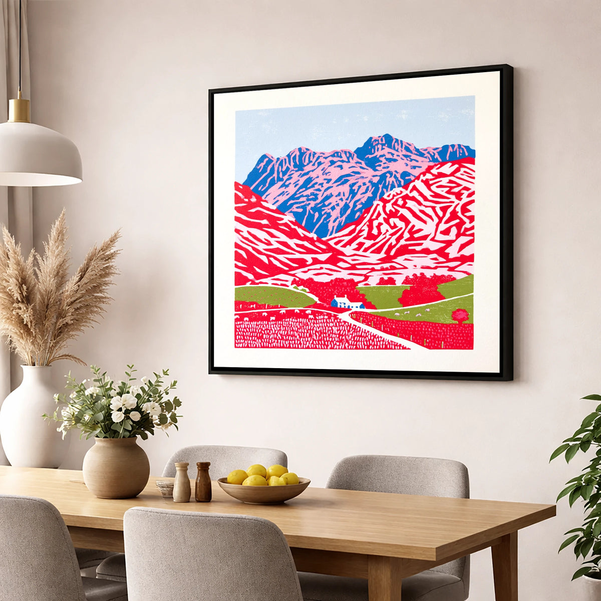 Vibrant Great Langdale Fells lake district valley wall art displayed in a dining room