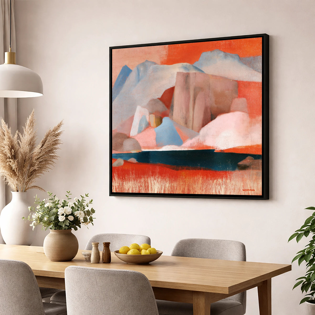 Stickle Tarn and Terracotta Pavey Ark lake district fell wall art displayed in a dining room