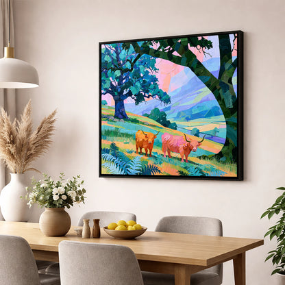 Vibrant Highland Cattle Beneath Fells lake district wildlife wall art displayed in a dining room