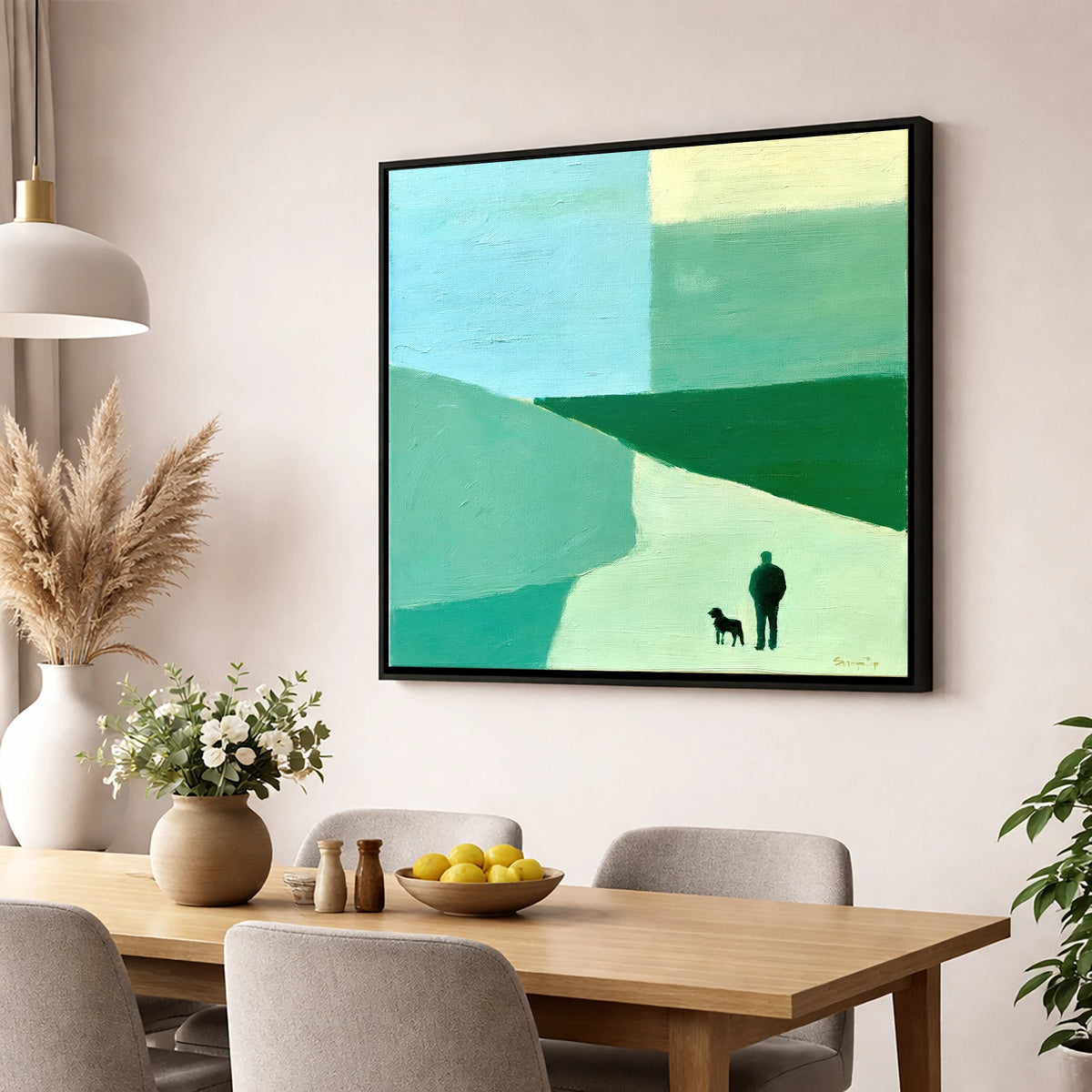 Shepherd and Dog Abstract Fells lake district wildlife wall art displayed in a dining room