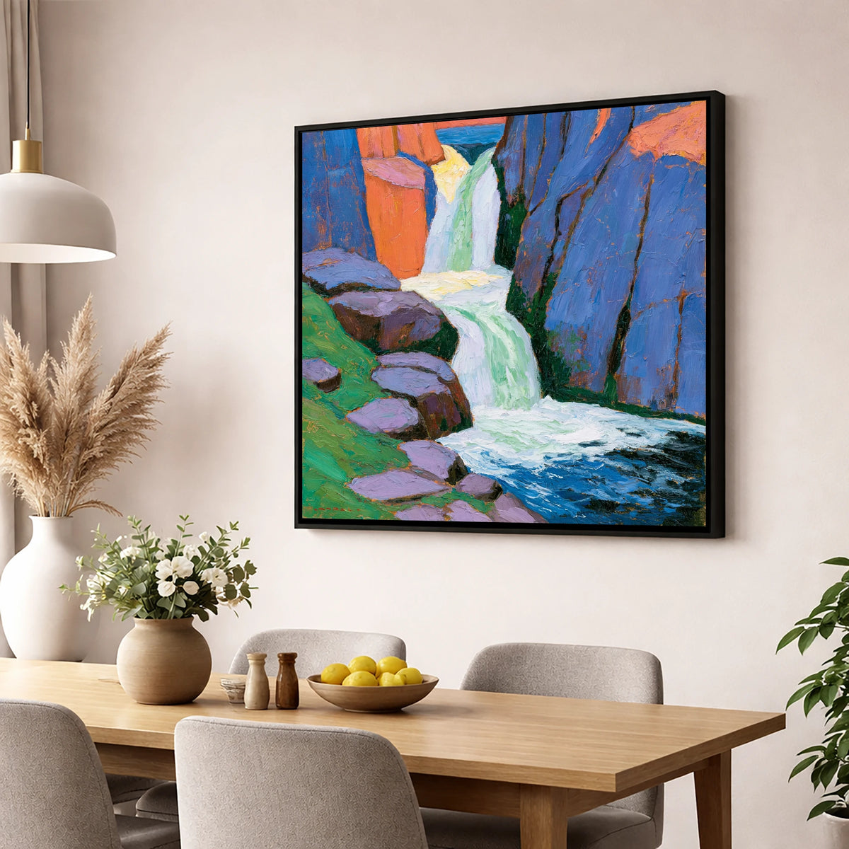 Vibrant Waterfall Between Blue Crags lake district waterfall wall art displayed in a dining room