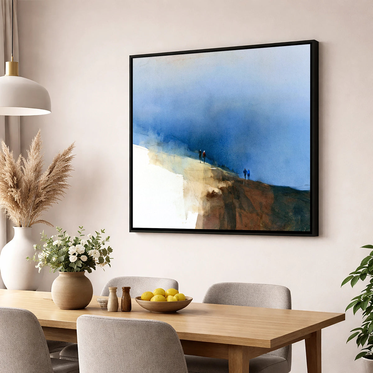 Fell Walkers Beneath Indigo Skies lake district walking wall art displayed in a dining room