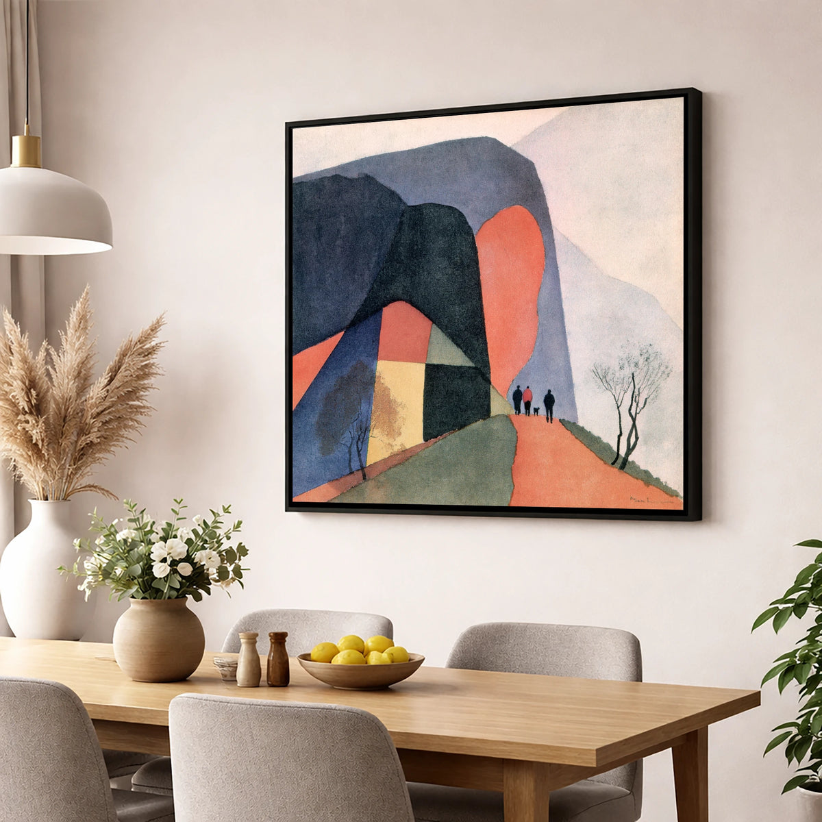 Walkers on a Terracotta Fell Path lake district walking wall art displayed in a dining room