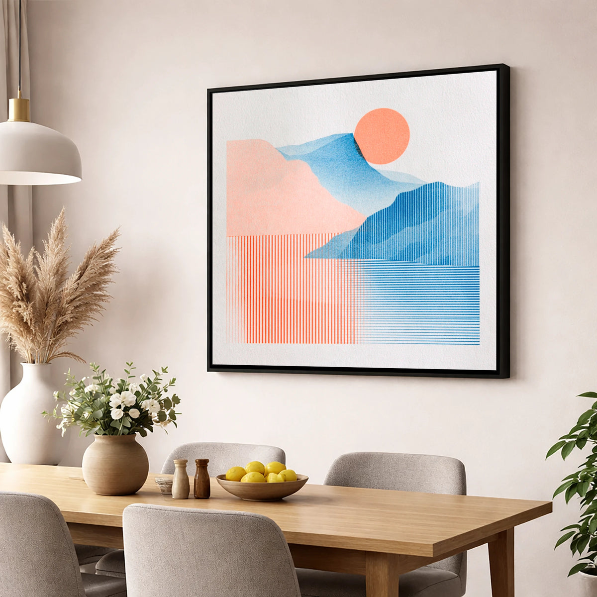 Geometric Derwentwater Sunrise lake district lake wall art displayed in a dining room