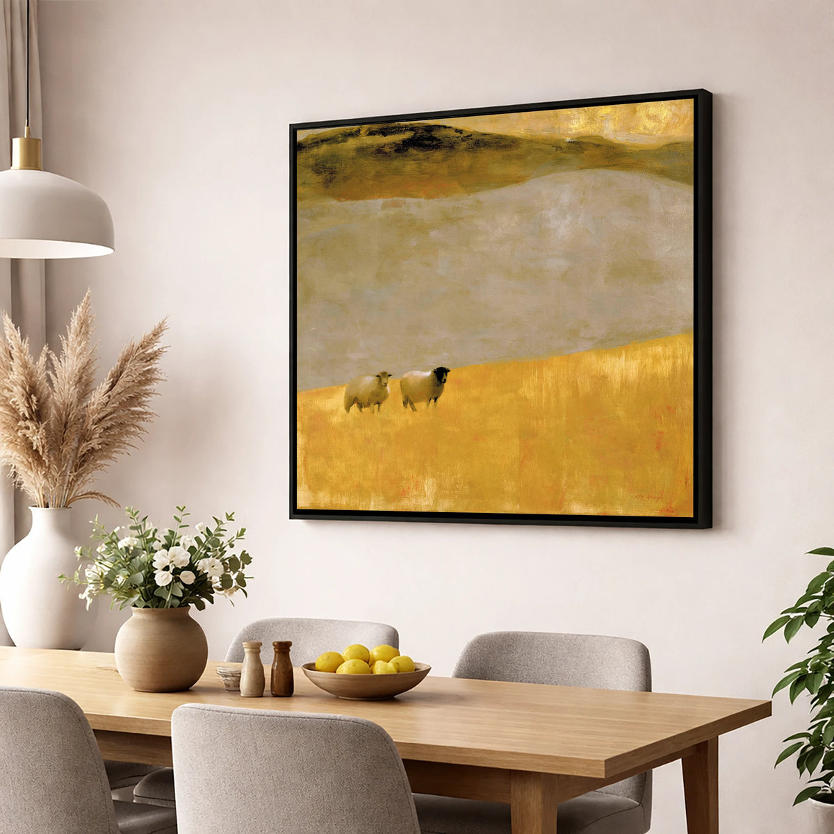 Herdwick Sheep in Autumn Light lake district wildlife wall art displayed in a dining room