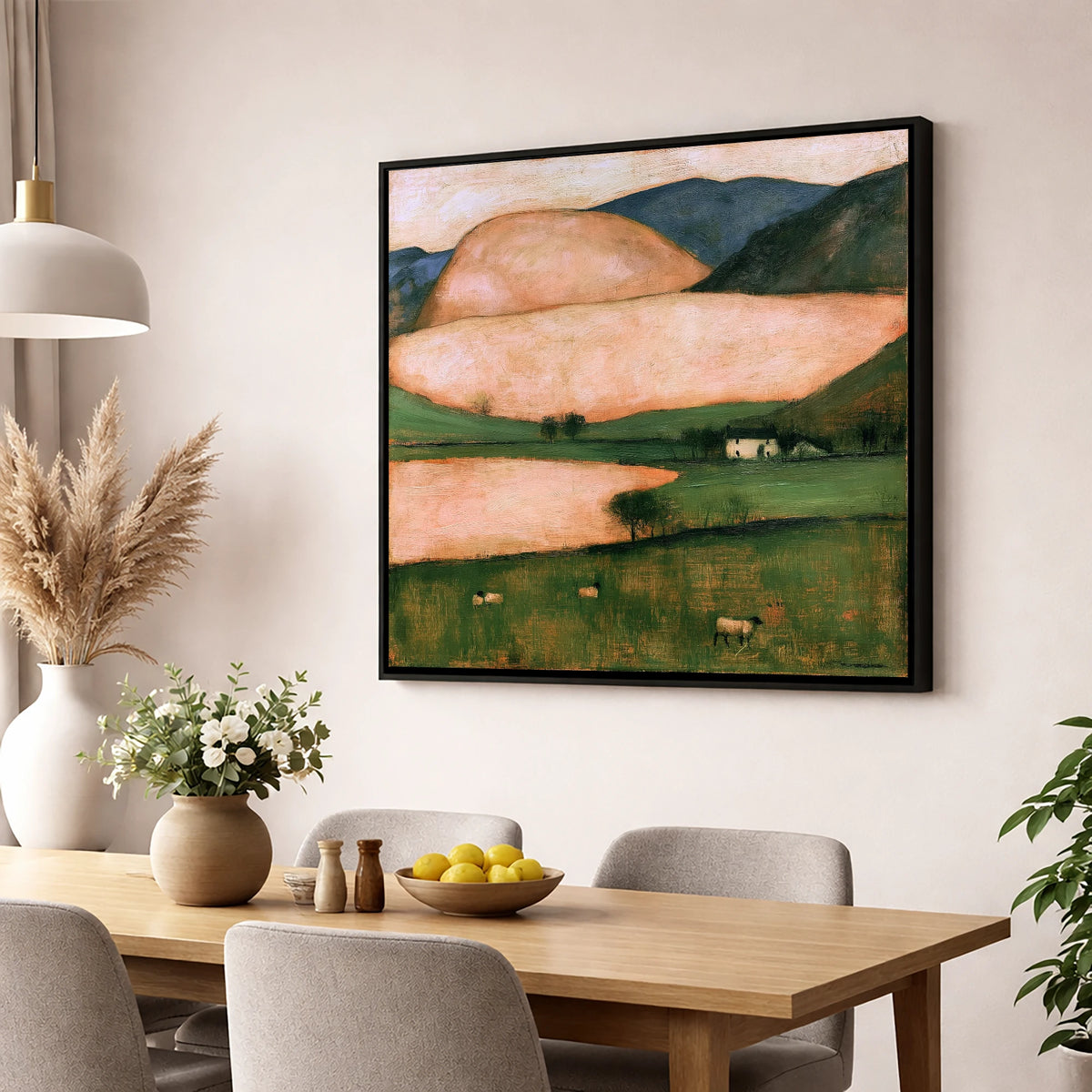 Peach Fells And Valley Farm lake district sky wall art displayed in a dining room