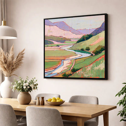 Pastel Fells and Winding River lake district waterfall wall art displayed in a dining room