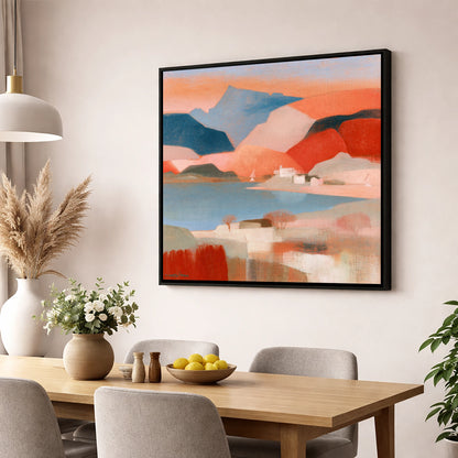Abstract Terracotta Lake and Fells lake district lake wall art displayed in a dining room