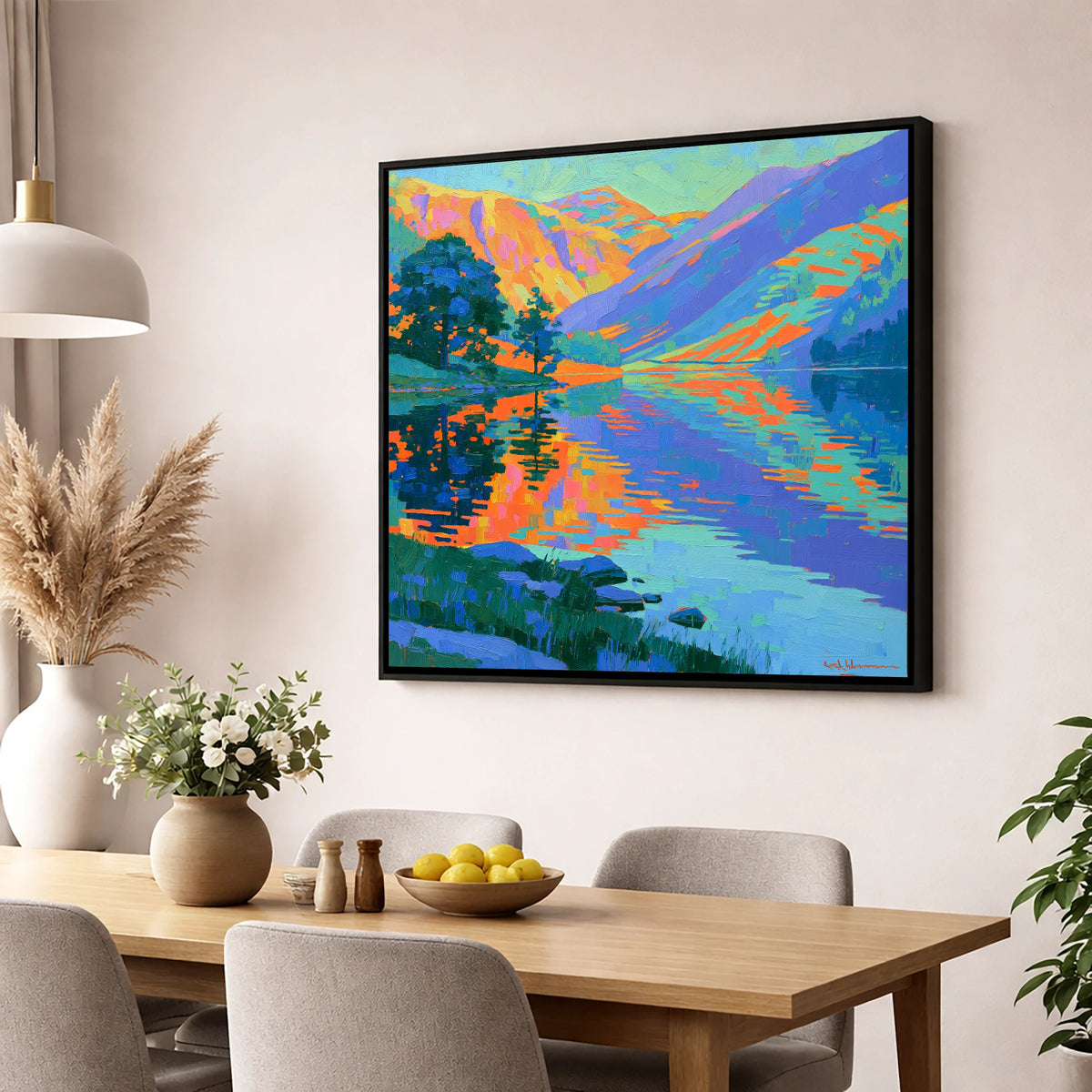 Vibrant Fells and Lake Reflections lake district lake wall art displayed in a dining room
