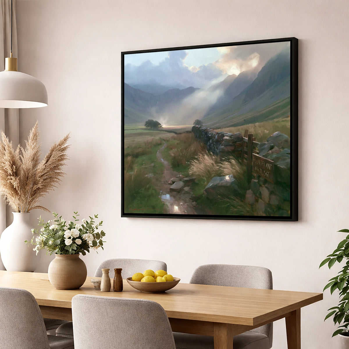 Valley Drystone Wall Under Sunburst lake district valley wall art displayed in a dining room