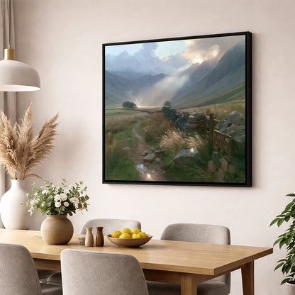 Valley Drystone Wall Under Sunburst lake district valley wall art displayed in a dining room