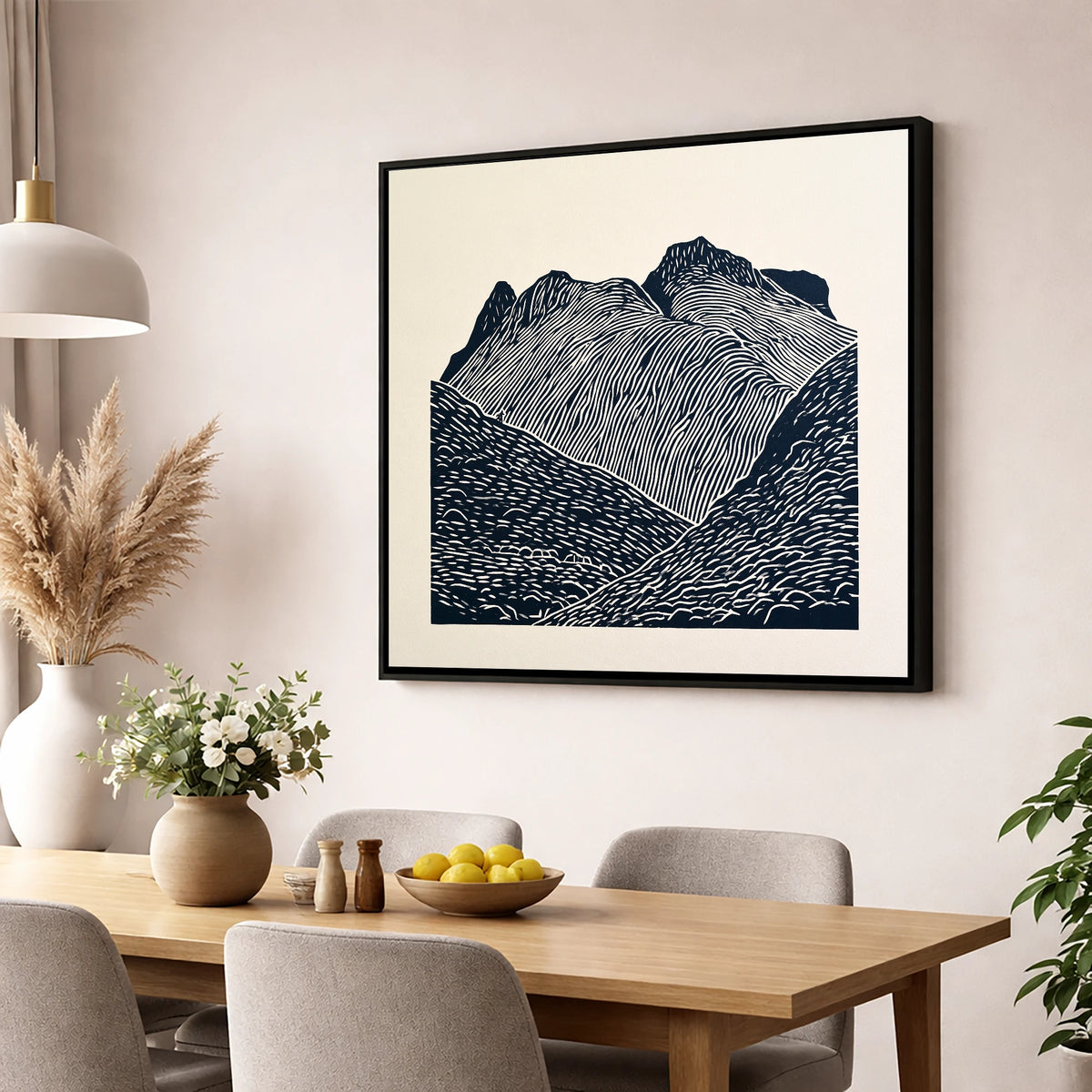 Graphic Monochrome Langdale Pikes lake district fell wall art displayed in a dining room