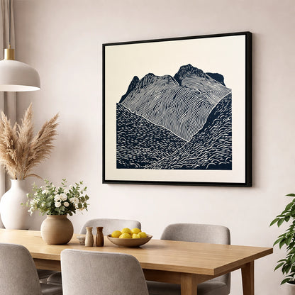 Graphic Monochrome Langdale Pikes lake district fell wall art displayed in a dining room