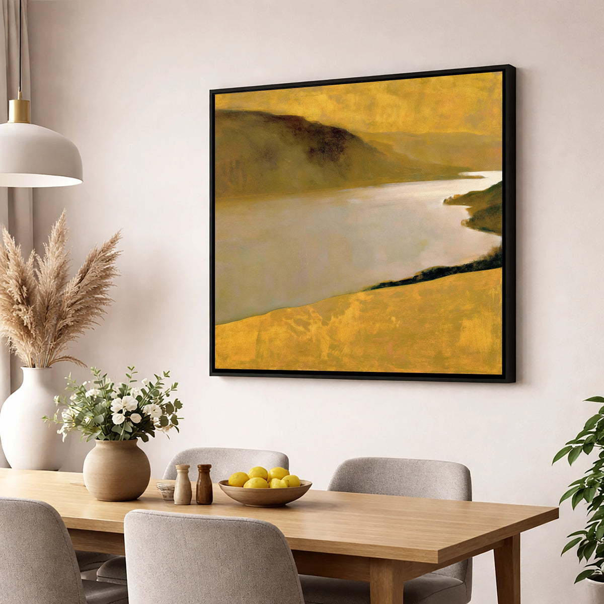 Golden Fells Above the Lake lake district lake wall art displayed in a dining room