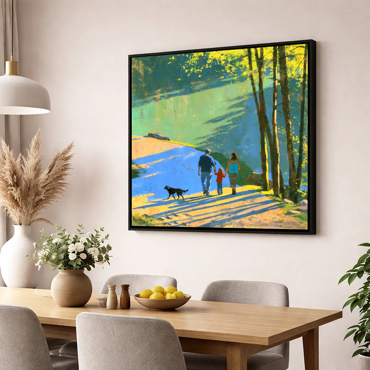 Sunlit Aira Force Dog Walk gifts for dog walkers wall art displayed in a dining room