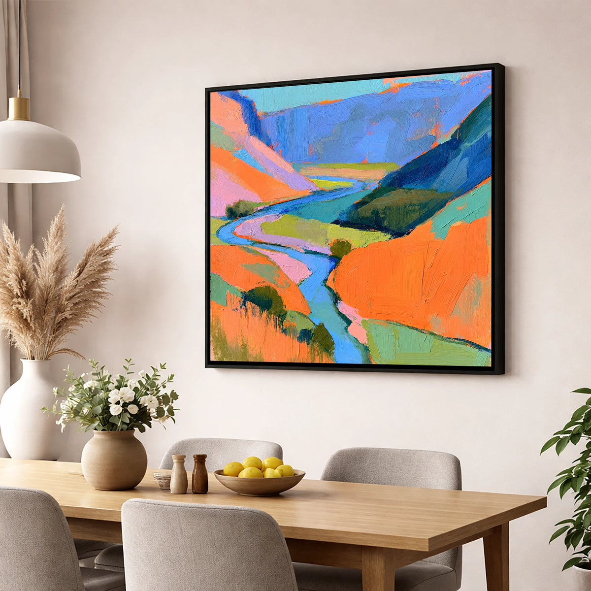 Bold Winding River Valley lake district waterfall wall art displayed in a dining room