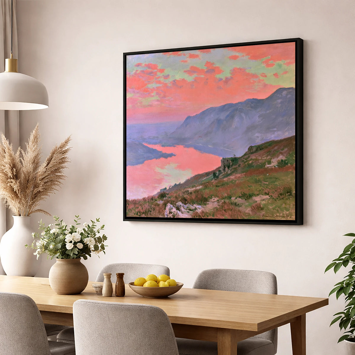 Summit View Under Coral Skies lake district fell wall art displayed in a dining room