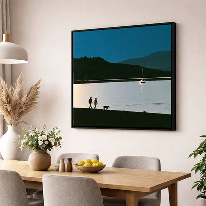Windermere Dog Walk in Silhouette gifts for dog walkers wall art displayed in a dining room