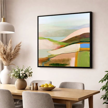 Abstract Pastel Fells from the Summit lake district fell wall art displayed in a dining room