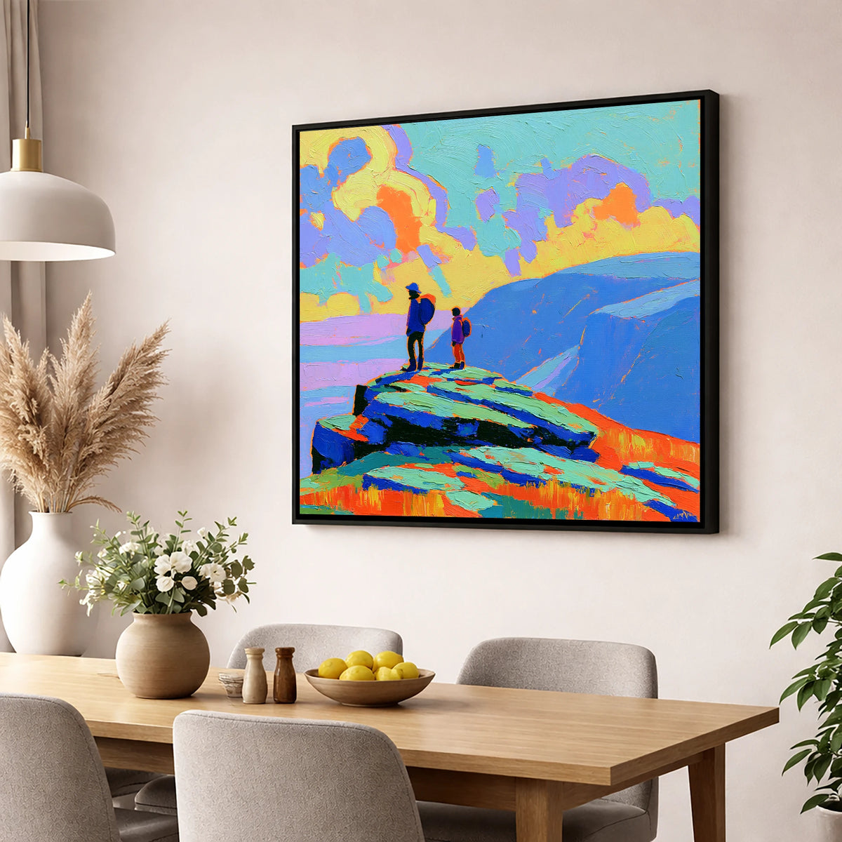 Hikers on a Vibrant Fell Summit lake district fell wall art displayed in a dining room
