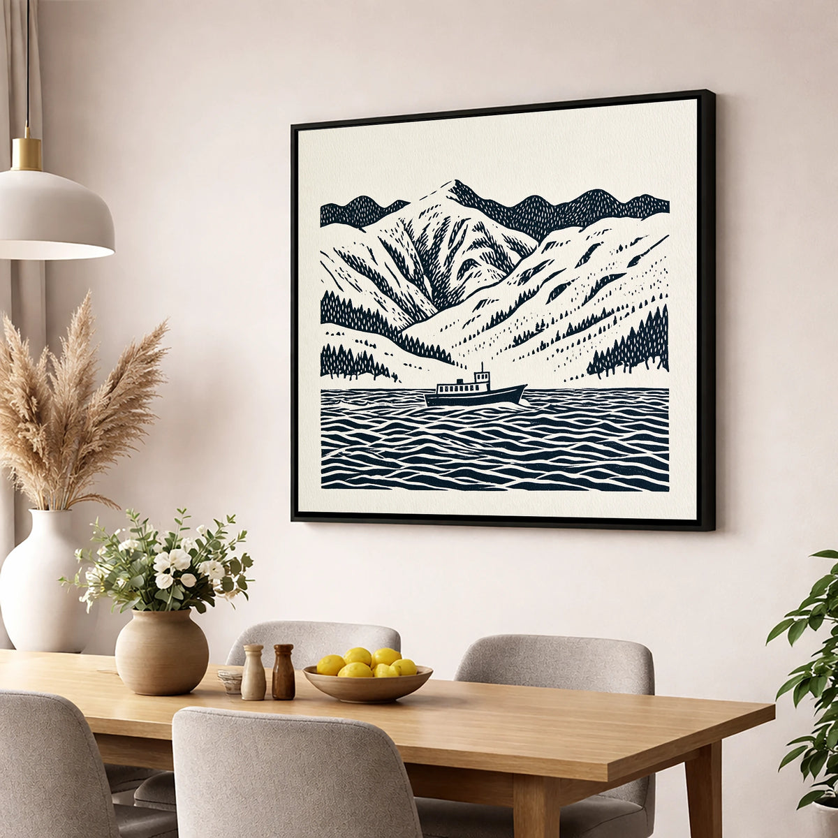 Ullswater Steamer in Deep Navy lake district lake wall art displayed in a dining room