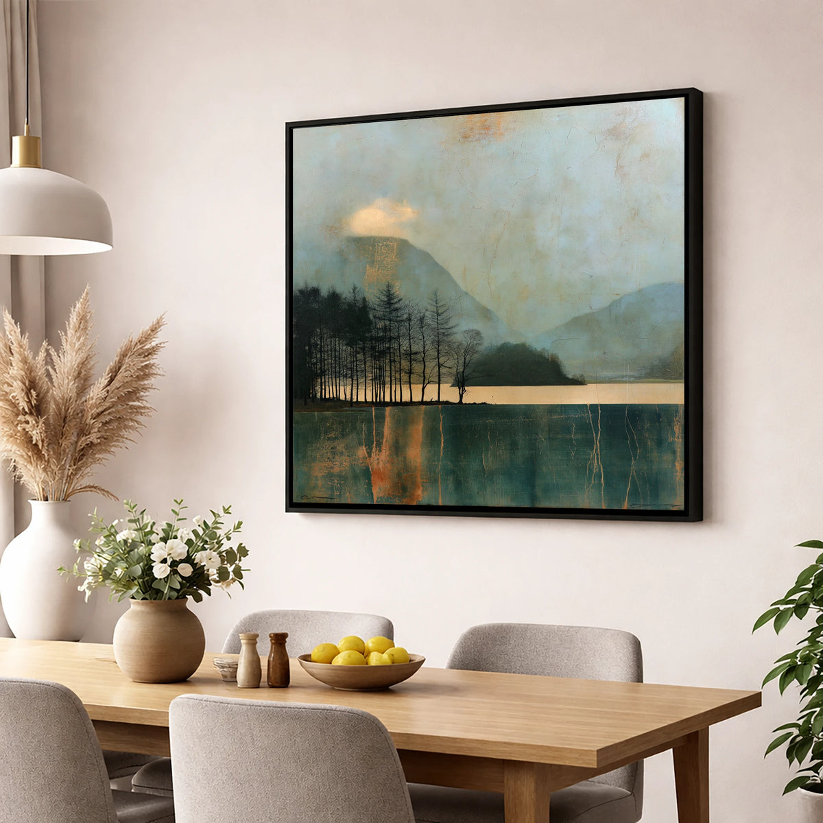 Grasmere Island in Teal and Gold lake district lake wall art displayed in a dining room