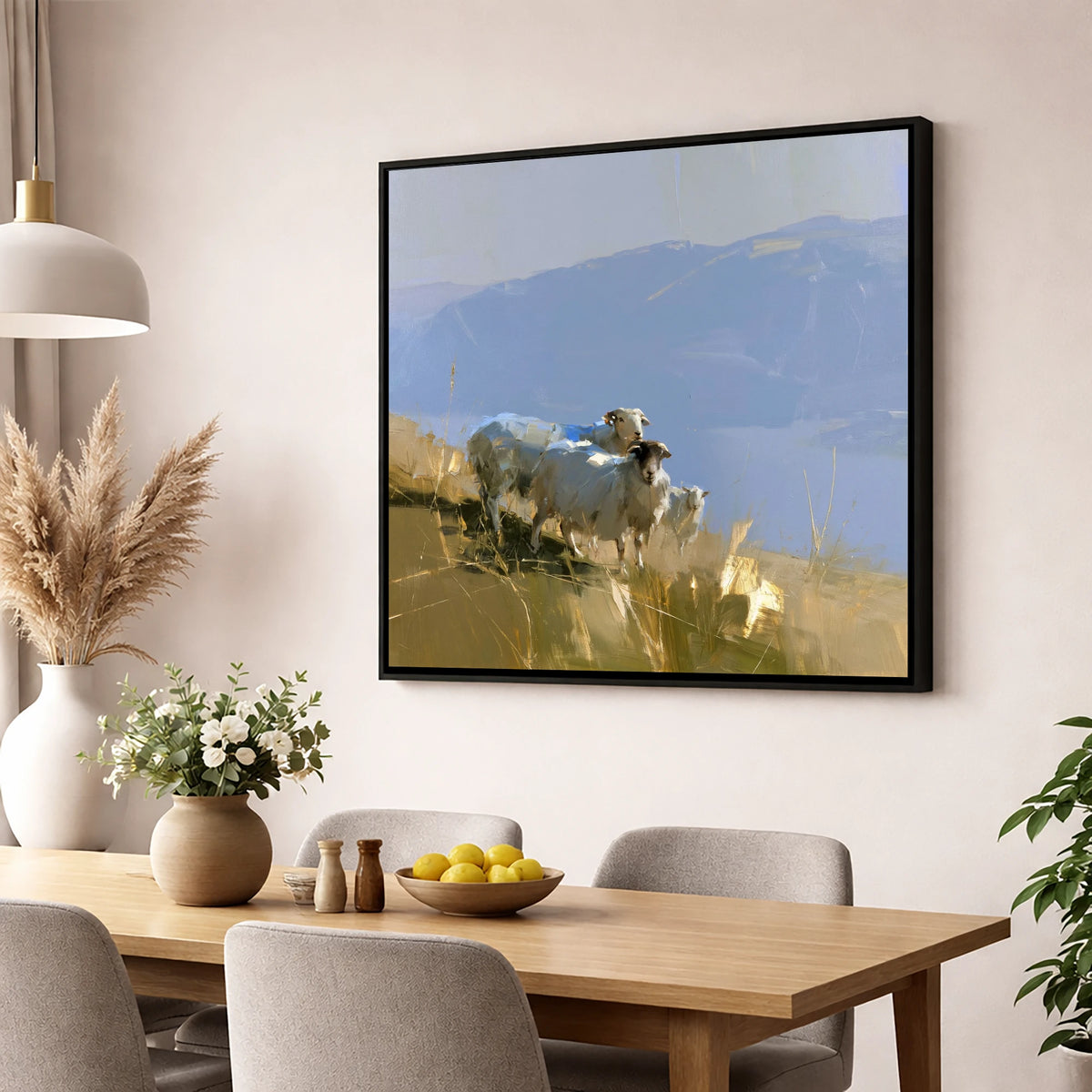 Herdwick Sheep on Golden Fells lake district wildlife wall art displayed in a dining room