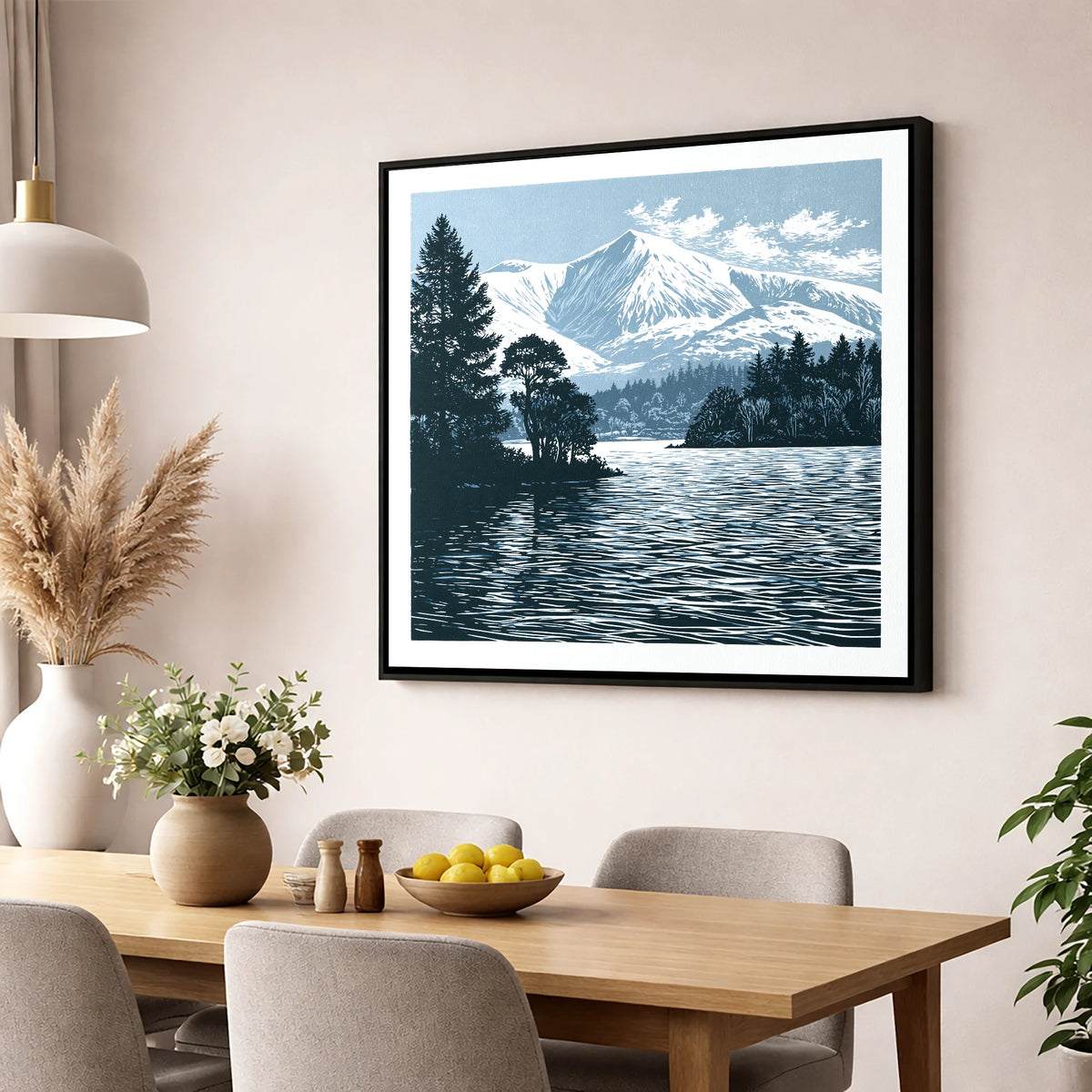 Winter Skiddaw in Deep Blue lake district fell wall art displayed in a dining room