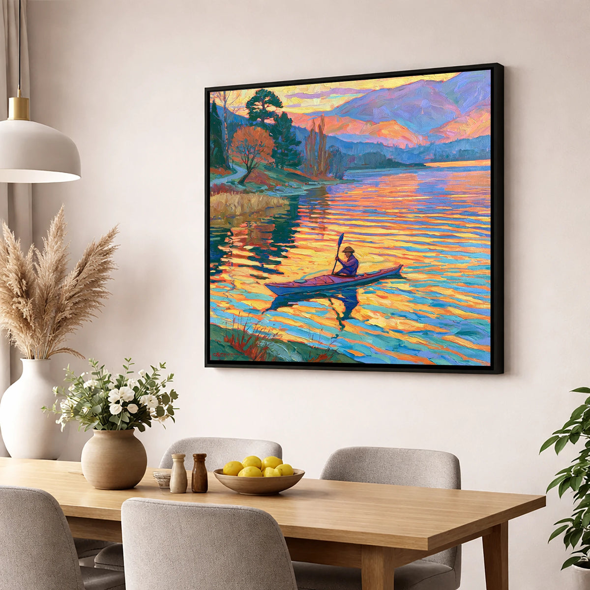 Sunset Kayaker on the Lake lake district walking wall art displayed in a dining room
