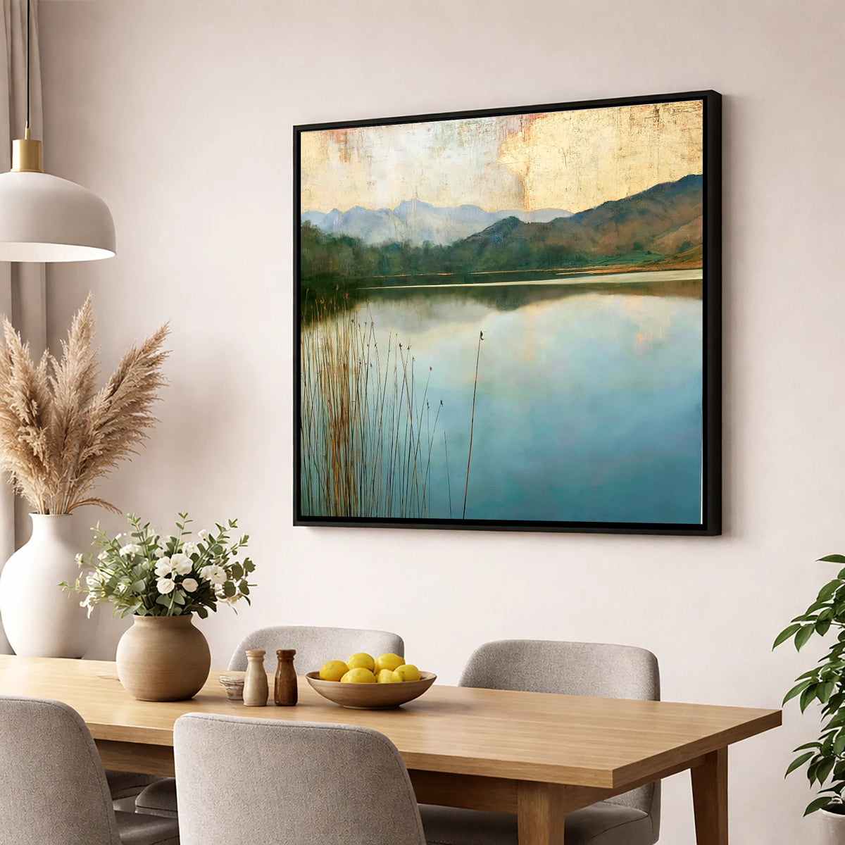 Elterwater Beneath a Golden Sky lake district lake wall art displayed in a dining room