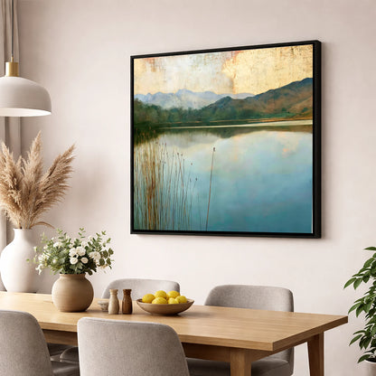 Elterwater Beneath a Golden Sky lake district lake wall art displayed in a dining room