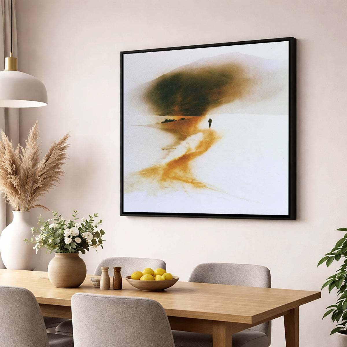 Lone Hiker on Golden Trail lake district walking wall art displayed in a dining room