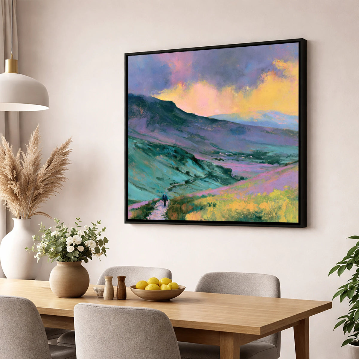 Fell Walker in Pastel Fells lake district walking wall art displayed in a dining room