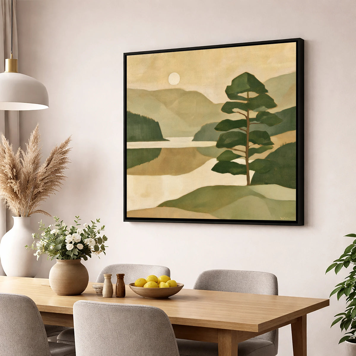 Still Lake and Pine at Dawn lake district lake wall art displayed in a dining room