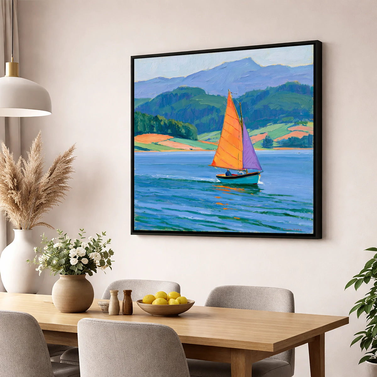 Sailing Boat on Breezy Lake lake district walking wall art displayed in a dining room