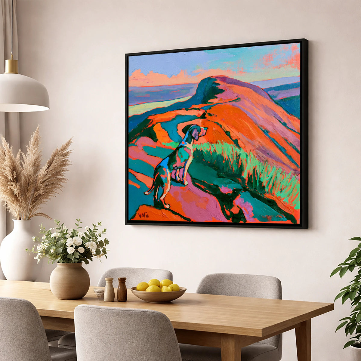 Vibrant Dog on Helvellyn Summit gifts for dog walkers wall art displayed in a dining room