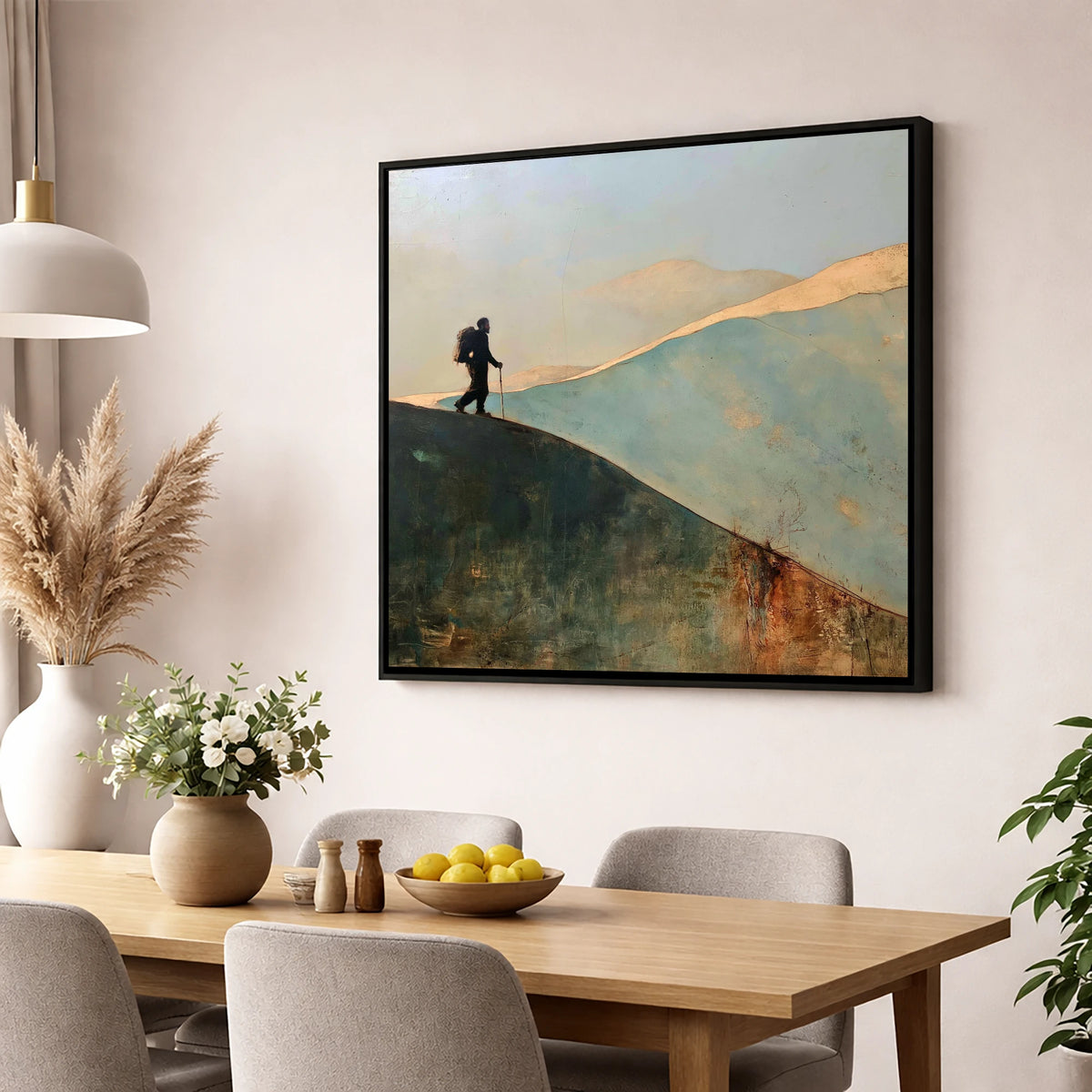 Silhouette Walker on Fell Ridge lake district walking wall art displayed in a dining room