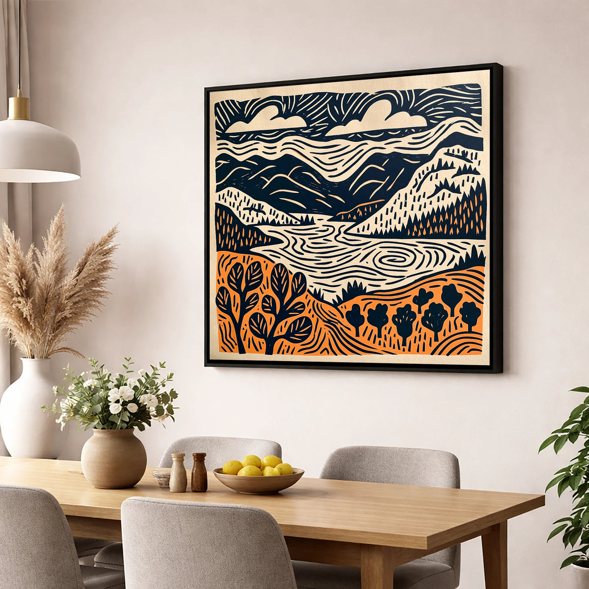 Winding Lake and Terracotta Fells lake district lake wall art displayed in a dining room