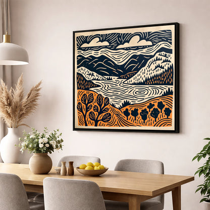 Winding Lake and Terracotta Fells lake district lake wall art displayed in a dining room