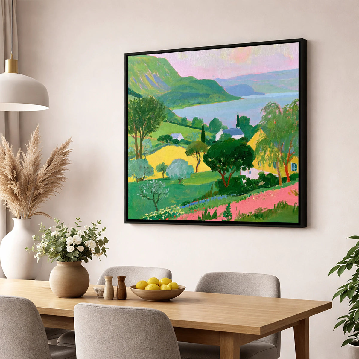 Vibrant Summer Lake and Fells lake district lake wall art displayed in a dining room